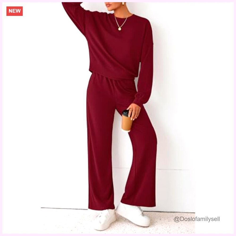 Women's 2-Piece Sweatsuit Set, Crewneck Sweatshirt & Wide Leg Sweatpants, Loose - Picture 4 of 7
